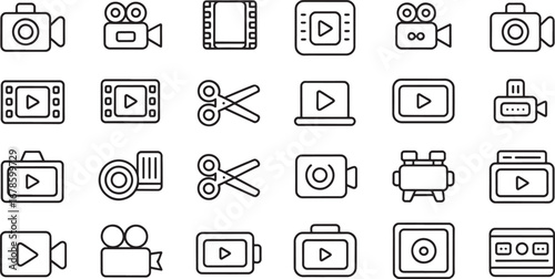 Group of 20 line art icons for video production and filmmaking equipment movie camera