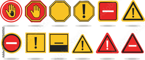 Collection of warning and prohibition symbols: stop hand, exclamation marks, and prohibition signs in various shapes and colors.