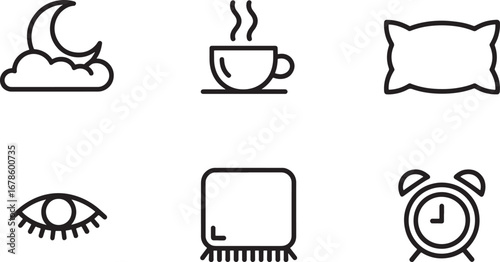 Set of six simple line art icons for sleep and relaxation rest night