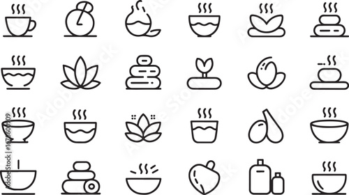 Spa and wellness icon set with hot stones and steaming bowls massage