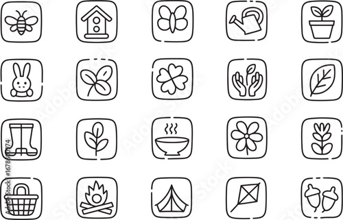 Spring and gardening icon set with bee, butterfly, and plants vector illustration