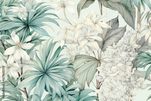 Pastel monotone seamless tropical tree pattern backgrounds drawing.