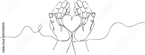 A continuous line drawing of two hands cradling a heart shape, symbolizing love and care.