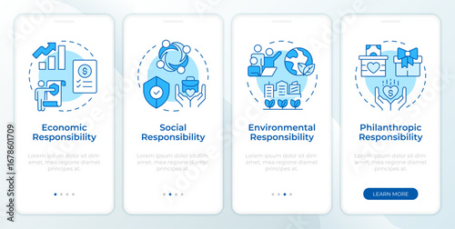 Wallpaper Mural Types of corporate social responsibility blue onboarding mobile app screen. Walkthrough 4 steps editable graphic instructions with linear concepts. UI, UX, GUI. Montserrat SemiBold, Regular fonts used Torontodigital.ca