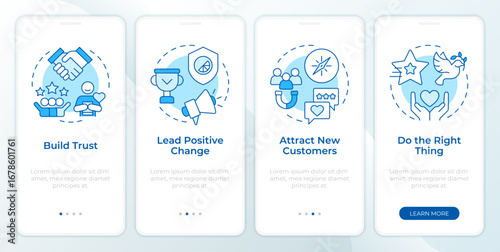 Benefits of ethical branding blue onboarding mobile app screen. Corporate. Walkthrough 4 steps editable graphic instructions with linear concepts. UI, UX, GUI. Montserrat SemiBold, Regular fonts used