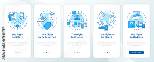 Consumer rights blue onboarding mobile app screen. Customer protection. Walkthrough 5 steps editable graphic instructions with linear concepts. UI, UX, GUI. Montserrat SemiBold, Regular fonts used