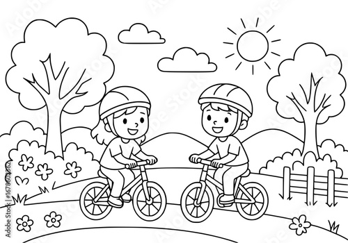 Kids Riding Bicycle Coloring Page