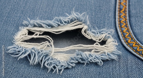 Close-up of ripped denim jeans with frayed threads and decorative stitching on pocket