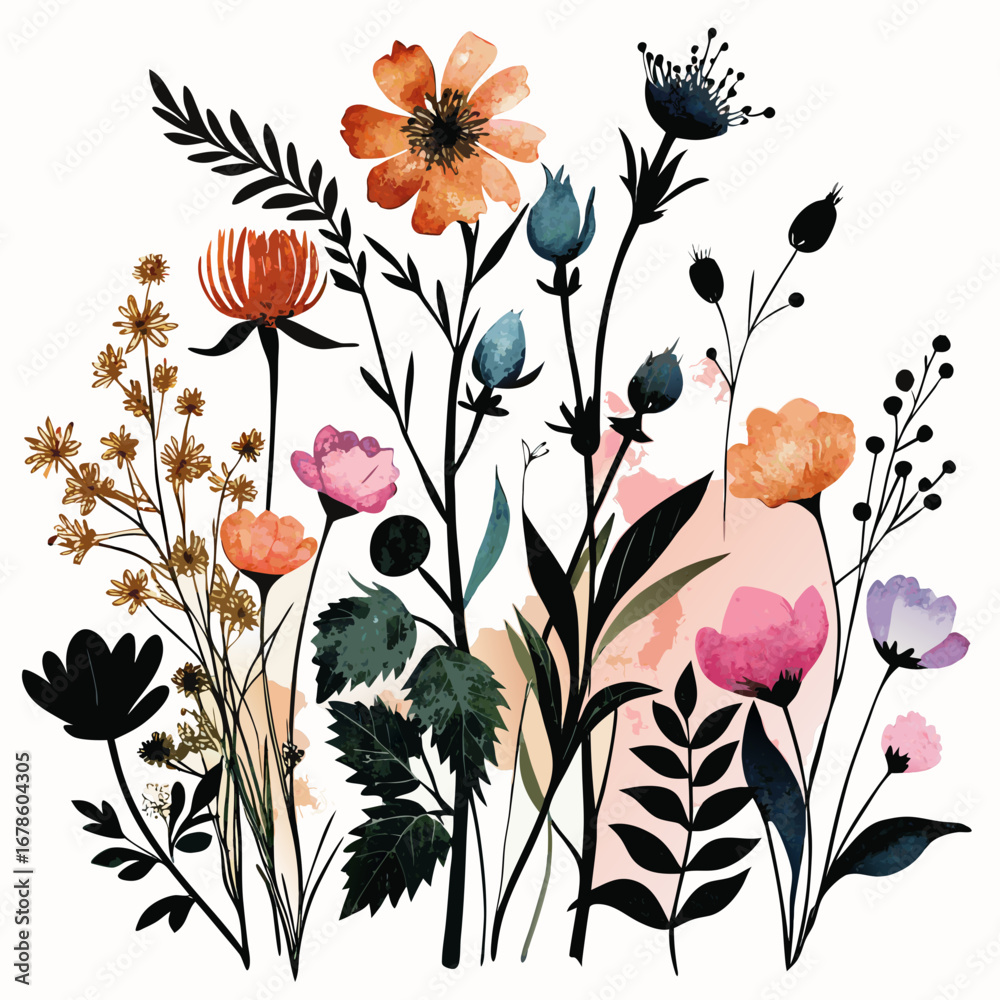 Naklejka premium Minimalist Wildflower Collection Silhouette Vector Design Isolated on White