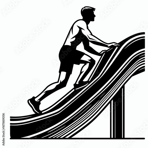 Man climbing an abstract ramp in a dynamic posture  