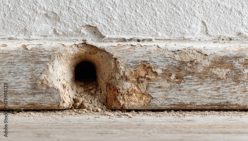 Damaged baseboard with a hole and wood debris