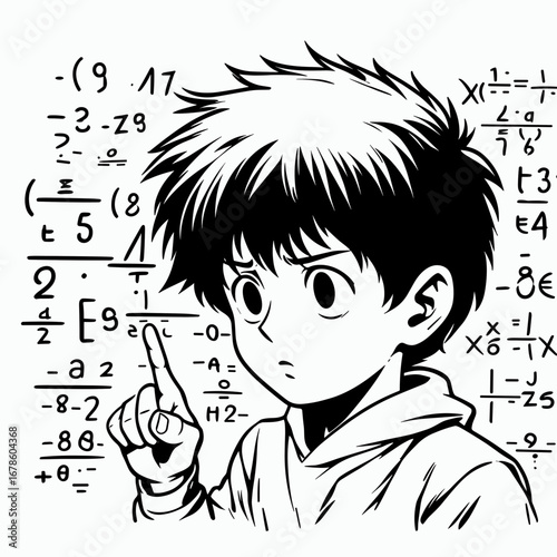 Young boy thinking while solving math problems with equations surrounding  