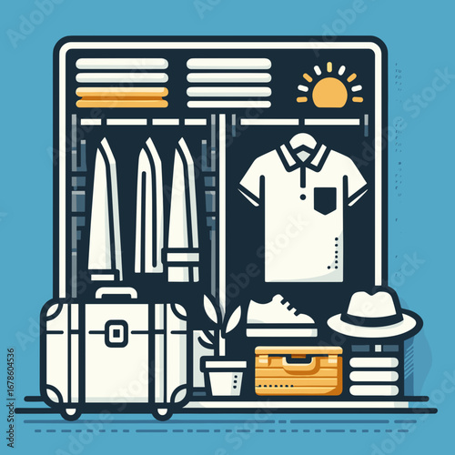 Summer wardrobe with folded clothes and travel accessories in closet  