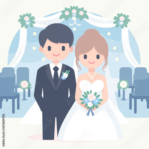 Newlywed couple smiling together in wedding attire at ceremony venue  