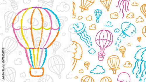 Colorful crayon style drawing featuring hot air balloons and jellyfish on a white background pattern design