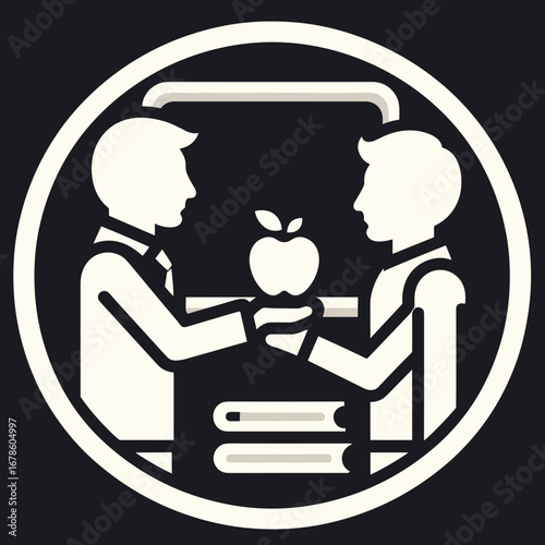 Teacher giving apple to student in minimalist black and white design  