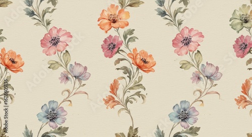 Watercolor Floral Pattern Repeating Flowers Vintage Style Beige Background.