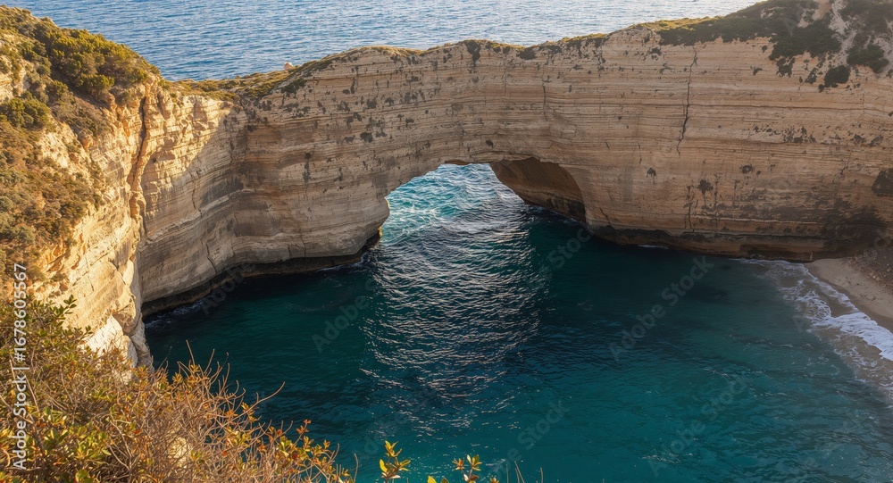 Fototapeta premium Raouche Rocks at Sunset, Beirut A Majestic Arch Over the Sea, Lebanon.