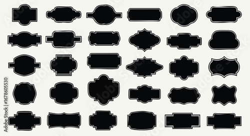 Diverse collection of elegant black ornate labels and badges for versatile design applications