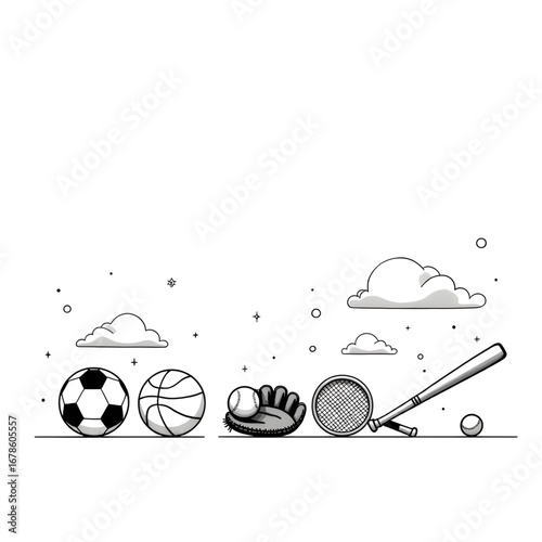 Collection of Sporting Goods Illustration: A monochrome illustration of diverse sports equipment, showcasing the essential tools for recreational games and competitive pursuits.