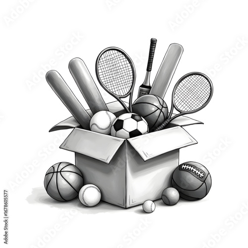 Box Full of Sporting Goods: An illustration showcases a variety of sports equipment neatly arranged within a cardboard box, ready for action and play.