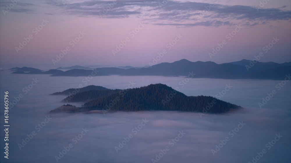 Fototapeta premium Aerial view of mountainous terrain shrouded in dense fog at dawn or dusk,