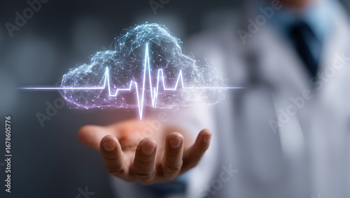 A doctor's hand holds a glowing cloud-shaped medical graphic
