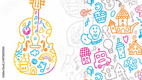 Colorful violin silhouette filled with whimsical doodles and musical notes on a white background art piece