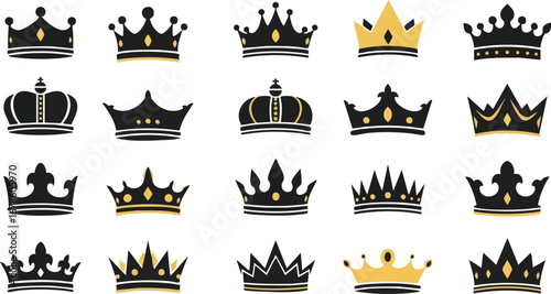 Collection of royal crowns in black and gold, symbolizing power and prestige