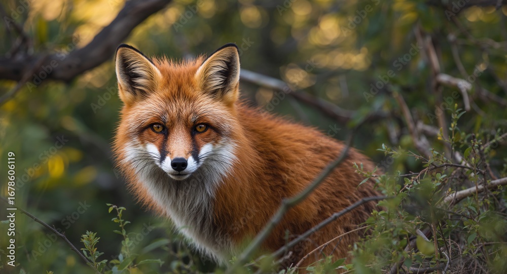 Obraz premium Red Fox Portrait. Captivating Gaze in Natural Habitat, Surrounded by Foliage
