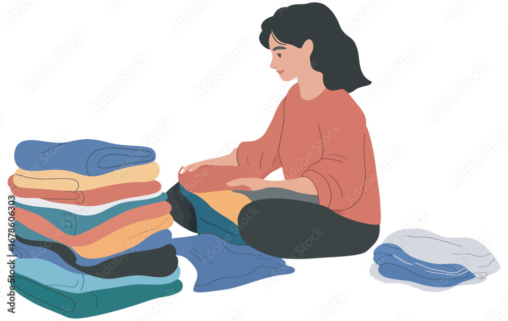 Fototapeta premium Young woman carefully folding clean clothes into a neat stack. Domestic chore and home organization concept vector illustration