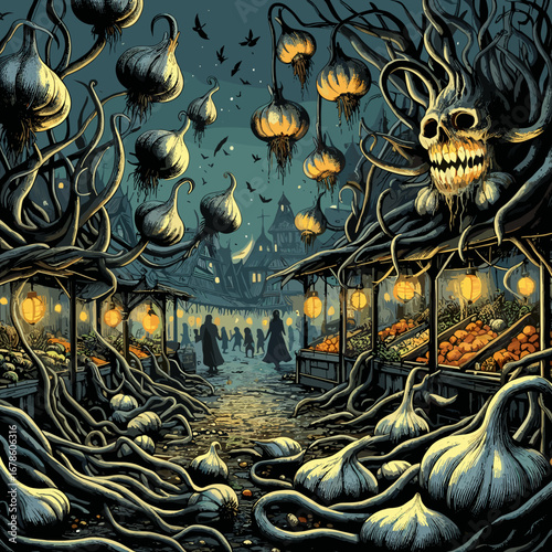 Spooky garlic market scene with eerie roots and skull decorations  