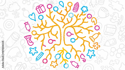 Illustration of a central tree surrounded by colorful shapes on a patterned background design element