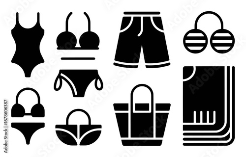 Collection of Black and White Icons Representing Beach and Swimwear Essentials
