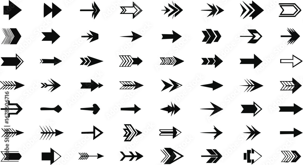 Diverse collection of modern black arrow icons for navigation and direction