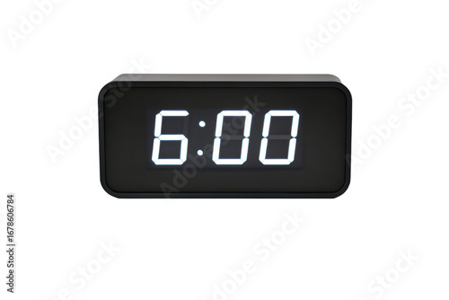 Digital alarm clock with glowing LED display showing 6:00, isolated on white background.