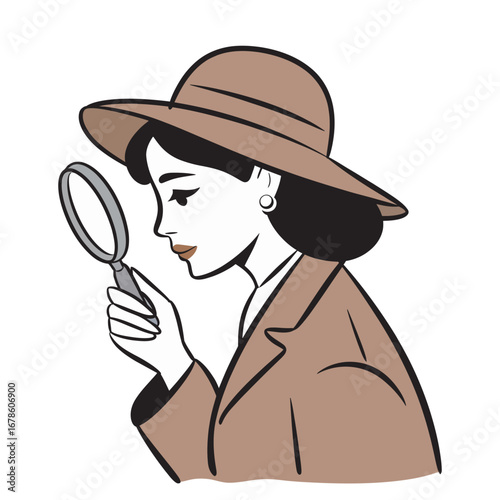 Vintage vector illustration of a female detective in a hat and coat meticulously examining clues with a magnifying glass