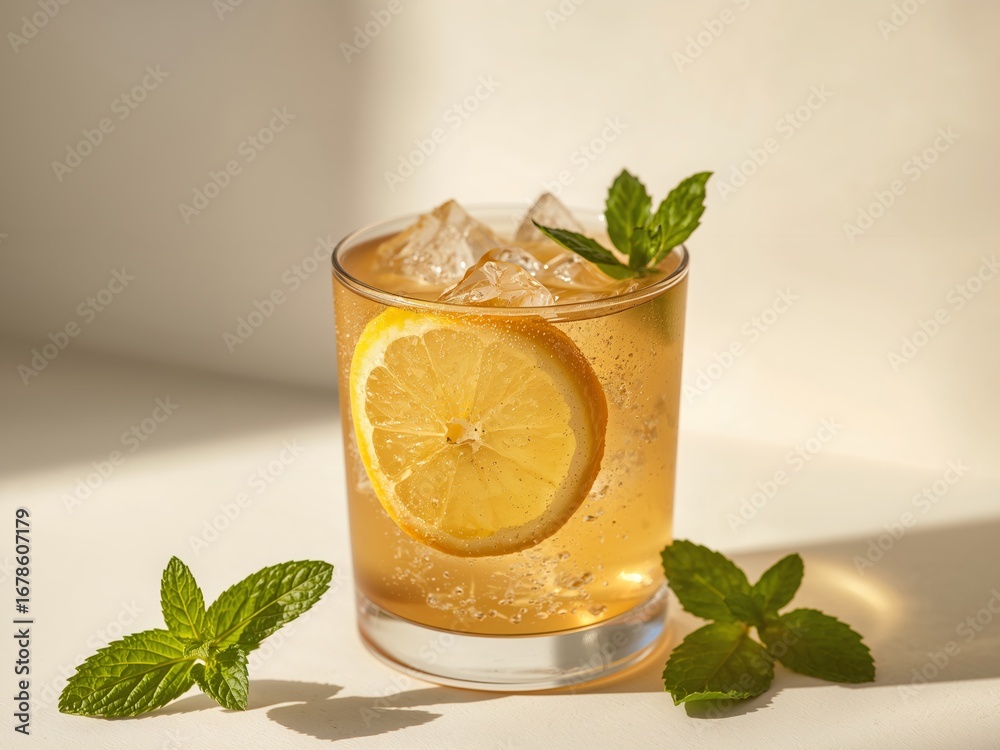 Fototapeta premium Refreshing Lemon and Mint Cocktail with Ice, Served in a Glass on a Bright Surface.
