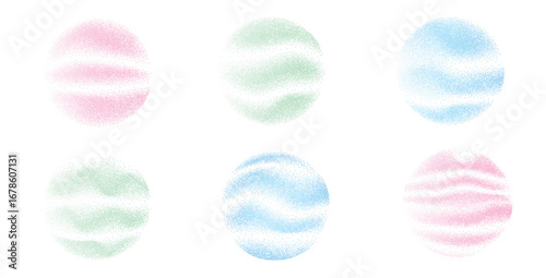 Mineral scrubs creative round swatches set. Dots noise dynamic circles forms. Grunge dotwork gradient spot with waves. Pastel green, pink, blue irregular shapes texture. Vector halftone illustration.