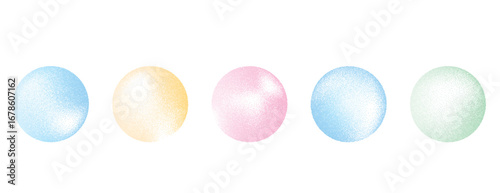 Colorful pastel gradient noise round element set. Opalescent dotwork gradation circles. Pastel pink, blue and green textured shapes. Kids sand diffuse effect callouts. Vector paint spray balls icons.