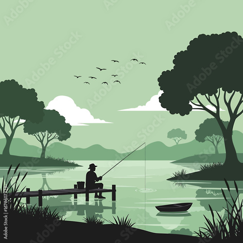 Silhouette of a Person Fishing Peacefully from a Wooden Dock on a Lake.