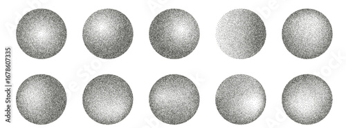 Noise round element set. Grunge dotwork gradient circles. Black shapes of dots texture. Planet sand diffuse effect callouts. Vector ink paint spray orbs icon isolated on transparent background..