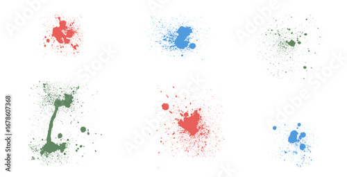 Vector can aerosol spray splashes and splatter. Dripping textured liquid mess. Grunge graffiti art melting drops sprayed. Urban street dirty stencil on wall. Graphic collage messy spots, blots.