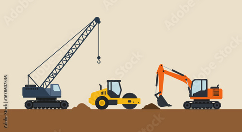 Vector Illustration of Construction Equipment on Site.