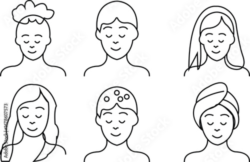 Hair Care Icon set , Showing Shampoo, Conditioner, Hair Brush, Comb, Scissors, Oil, Spray, Styling Tools, Treatment, and Salon Beauty Elements in Modern Vector Style, perfect for haircare and shampoo