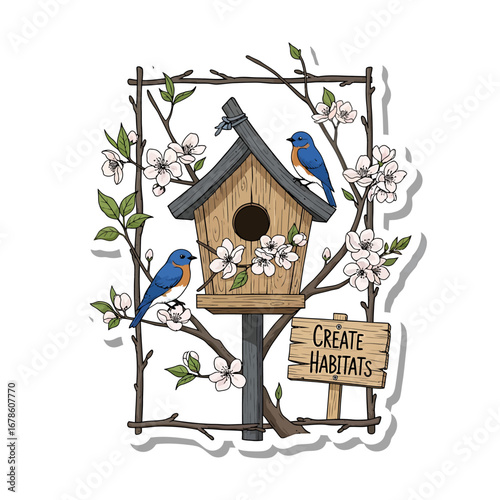 Charming Wooden Birdhouse with Two Bluebirds and Blooming Cherry Blossoms.