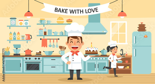 Cheerful cartoon chefs in white uniforms, one holding a cake, the other a tray, ready for baking.
