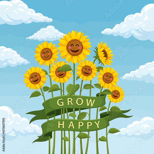 Cheerful Sunflowers with Grow Happy Banner.