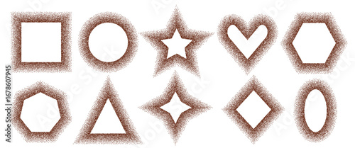 Coffee gradation geometric shapes frames set. Grainy textured chocolate borders in star, heart, oval forms. Ground arabica powder text boxes isolated on white background. Vector graffiti illustration.