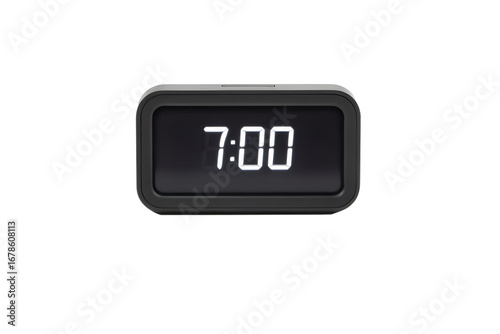 Digital alarm clock with glowing LED display showing 7:00, isolated on white background.